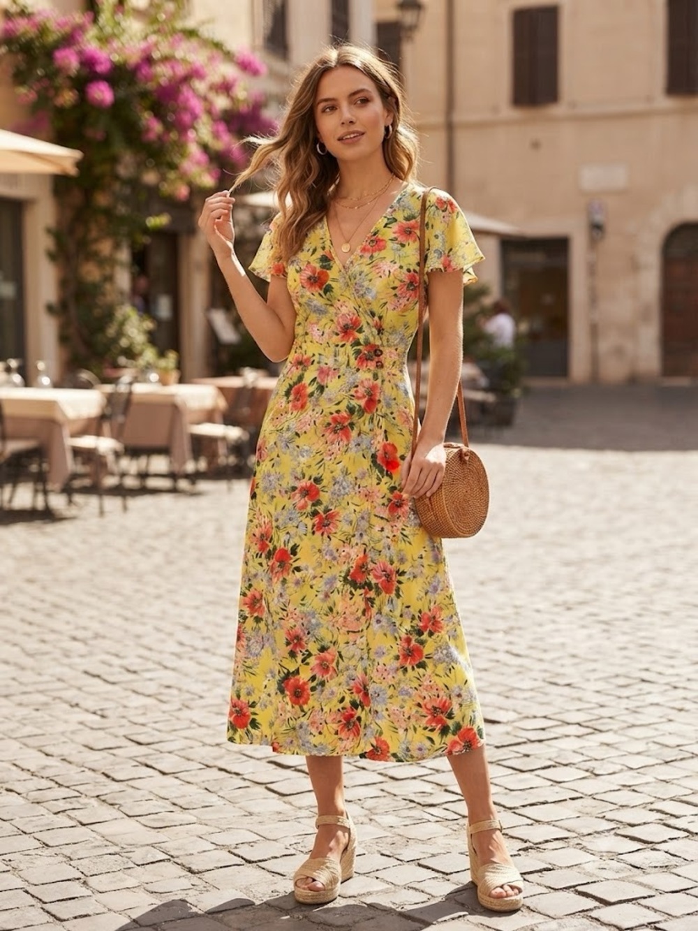 Sienna Sky Yellow Red Floral Flutter Sleeve Wrap-Style Midi Dress Cottagecore M